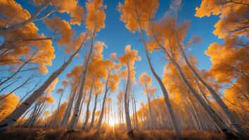 Looking Up Through Tall Aspen Trees with Golden Autumn Leaves photo