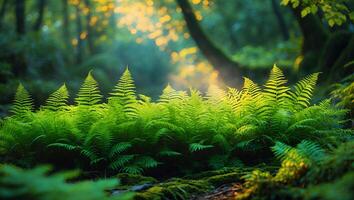 Lush Green Ferns in Forest Glow with Sunlit Bokeh photo