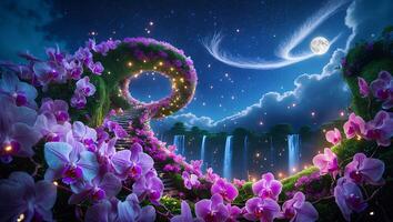 Enchanting Orchid Garden Path with Waterfalls Under Starry Night Sky photo