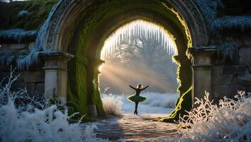 Dancing Figure in Winter Archway with Sun Rays and Frost photo