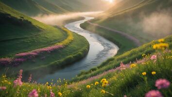 Scenic River Flowing Through Green Valley with Colorful Wildflowers Landscape photo