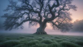 Majestic Old Tree Standing Tall in a Misty Grassy Field photo
