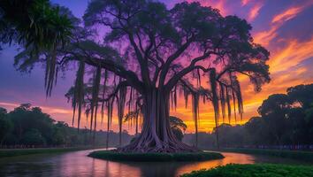 Large Banyan Tree Over Water at Sunset in Lush Landscape photo