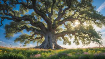 Majestic Old Growth Tree Standing in Wildflower Meadow Landscape photo