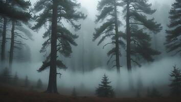 Dense Forest Trees in Foggy Landscape Creates Mysterious Ambience photo