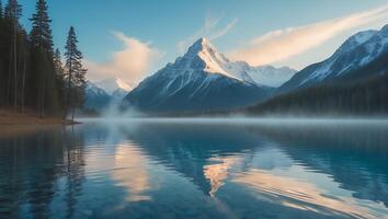 Lake Reflection of Mountain with Forest and Mist in Peaceful Morning photo