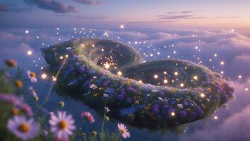 Floating Flower Covered Land Above Clouds with Magical Lights photo