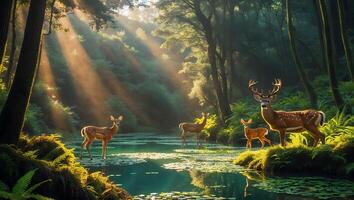 Deer Family Standing Near a Serene Pond in a Forest with Sunlight photo