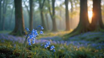 Blooming Bluebells in Forest Glade Lit by Morning Sunlight Rays photo