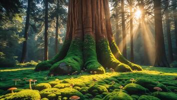 Giant Tree Standing Tall in a Sunlit Forest Glade photo