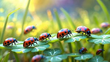 Ladybugs Crawling on Clover Leaves in a Sunny Green Meadow photo
