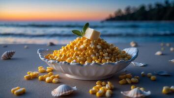 Corn on the Cob Kernel Bowl with Butter at Sunset Beach photo