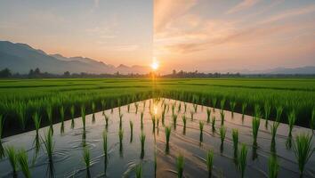 Rice Field at Sunset with Water Reflection and Mountain View photo