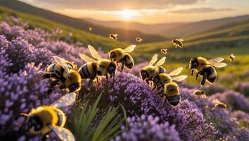 Bees Foraging on Lavender Field at Golden Hour with Distant Hills photo
