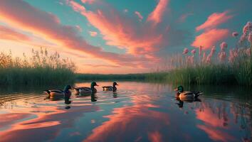 Ducks Swimming on Lake Reflecting Colorful Sunset Sky Nature Scenery photo