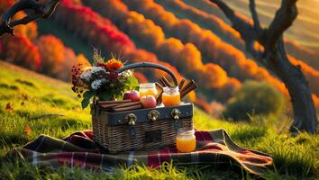 Autumn Picnic Basket with Apples, Flowers, and Juice on Blanket photo