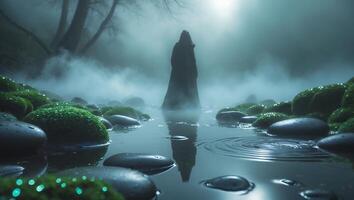 Figure Standing in Water Surrounded by Mossy Rocks in Fog photo