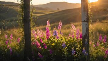 Flowers Blooming by Fence in a Golden Lit Landscape at Sunset photo