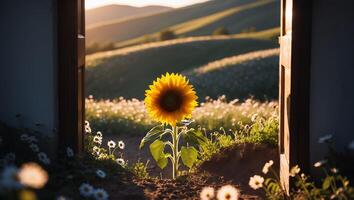 Sunflower Growing on Hillside Seen Through Open Doorway at Sunset photo