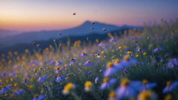 Bees Flying Above Wildflower Field at Dusk with Mountain Backdrop photo