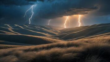 Lightning Strikes Over Rolling Hills at Dusk with Dark Stormy Sky photo
