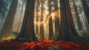 Majestic Redwood Forest with Morning Sunlight and Red Ground Cover photo