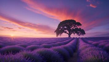 Lavender Field with Tree at Sunset Under Dramatic Pink Sky photo