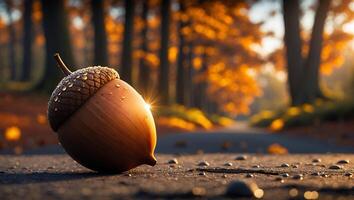 Acorn Lying on Road in Autumn Forest with Golden Light photo