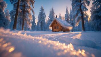 Cabin in Snowy Forest on a Winter Day with Sparkling Snow photo
