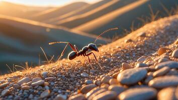 Ant Walking on Rocky Ground with Desert Hills in Background photo