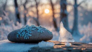Stone and Ice Composition in Winter Sunrise Creates Serene Nature Scene photo
