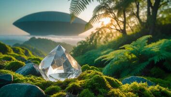 Crystal Point on Mossy Ground with Greenery and Sunset Sky photo
