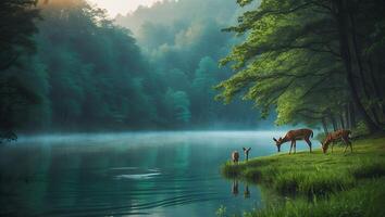 Deer Grazing on Lakeside Meadow with Misty Forest Backdrop in Nature photo
