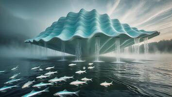 Unique Architecture with Flowing Water and School of Fish in Lake photo
