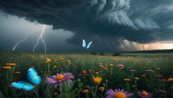 Butterflies Flying Over Wildflower Meadow Under Stormy Sky with Lightning photo