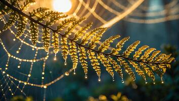 Fern Leaf with Dewdrops on Spiderweb in Golden Light photo
