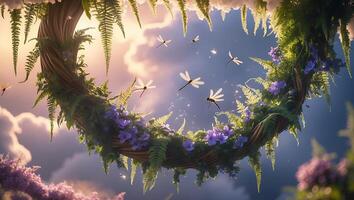 Dragonflies Flying Around Floral Wreath with Dreamy Sky Background photo