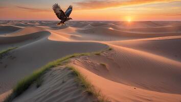 Eagle Flying Over Desert Sand Dunes at Sunset with Grass photo