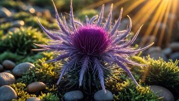 Purple Flower Blooming Among Moss and Stones at Golden Hour photo