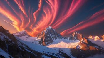 Snowy Mountain Range at Dramatic Sunset with Pink Cloud Formations photo