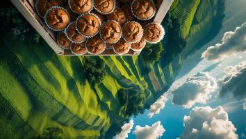 Muffins in Tray Above Green Hills and Cloudy Sky View photo
