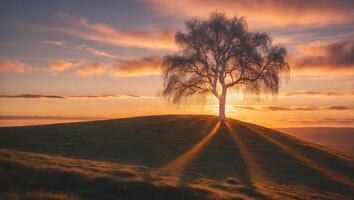 Lone Tree Silhouetted on Grassy Hill at Warm Sunset Creating Shadows photo