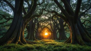 Walking Path Through Forest of Ancient Trees at Sunset Light photo