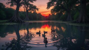 Ducks Swimming in Calm Lake at Sunset with Tree Reflections photo