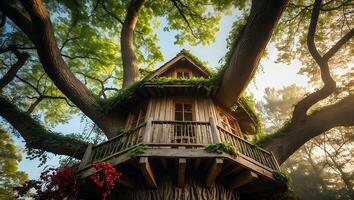 Enchanting Treehouse Nestled Among Branches and Green Leaves in Forest photo