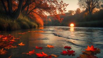 Autumn Leaves Floating in River at Sunset with Golden Reflections photo