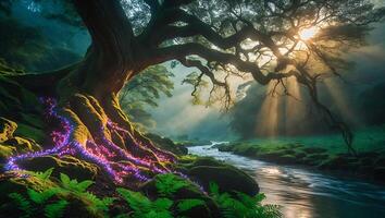 Magical Tree Roots with Glowing Lights Beside Flowing Forest Stream photo