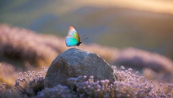 Butterfly Resting on Stone in Lavender Field at Sunset photo