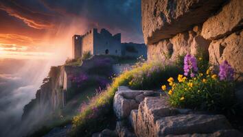 Ancient Castle Perched High Above Clouds with Wildflower Landscape View photo