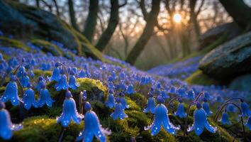 Blooming Bluebells Cover Mossy Forest Floor with Soft Golden Light photo